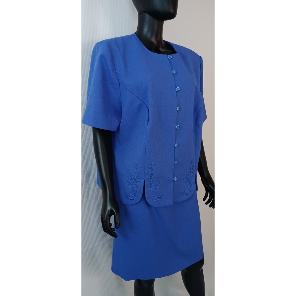 Lady Dorby Blue 2 Piece Skirt Set Floral Embroidery Button Top Skirt 18W - Picture 6 of 6